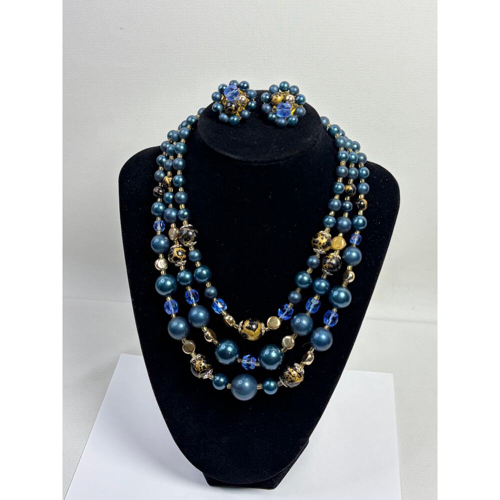 Vintage Blue Gold Multi Strand Necklace and Clip on Earrings Set Made in Japan